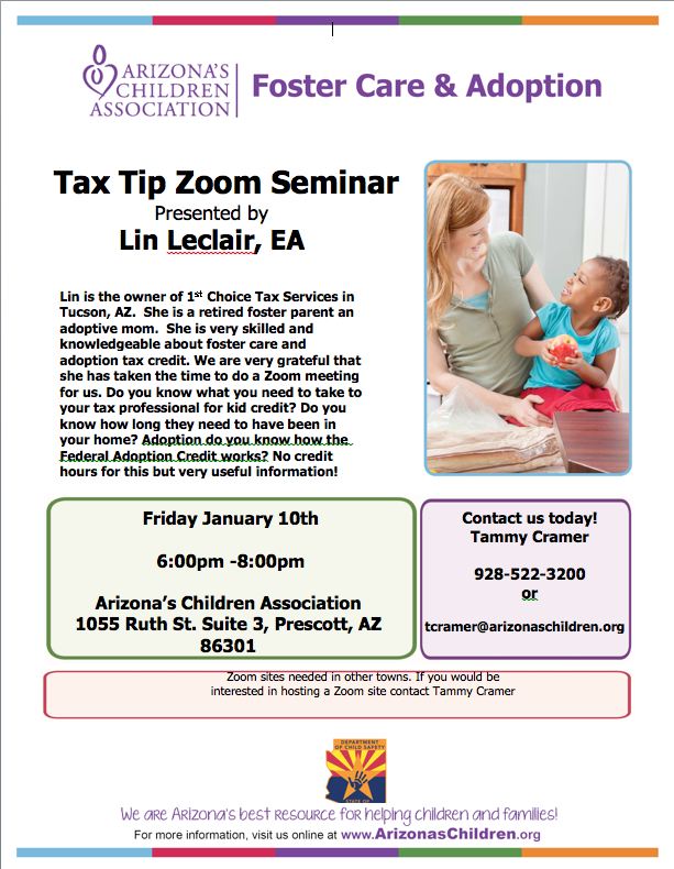 Jan 10 Arizona S Children Association Presents Foster Care Adoption Tax Tip Zoom Seminar Children Youth News Coconino Coalition For Children Youth